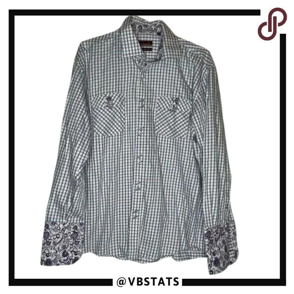 Carreli Navy-Gray-White and Purple Long Sleeve Plaid Dress Shirt in‎ Size XL